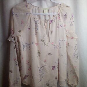 St. Tropez West Blouse S Women Long Sleeve Sheer Lined Floral White Pink Purple